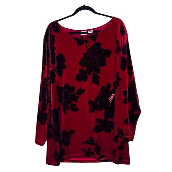 Red Black Velvet Floral Bohemian Hippie Chic Top Shirt Size 3X Newport News READ - Picture 1 of 8